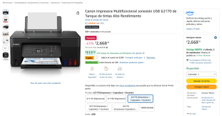 Canon Impresora Multifuncional conexión USB G2170 por $2,469 en Amazon