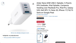 Anker A2668311 USB-C en USB-C-wandlader 65W voor €28,49 bij Amazon