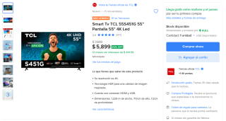 Smart TV TCL 55S451G 55" 4K por $5,899 | Oferta Mercado Libre