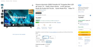 Hisense Televisión QD8S 65 pulgadas por $9,949 en Amazon