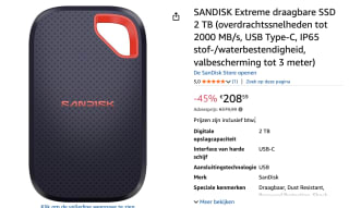 SanDisk Extreme Portable (V3) 2 TB USB Type-C USB 3.2 Gen 2x2 voor €208,59 bij Amazon
