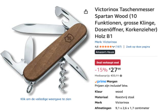 Victorinox Swiss Army Zakmes Spartan Wood, 10 Functies voor €27,99 bij Amazon