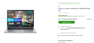 Laptop Acer Aspire 3 512GB por $10,990 | Bodega Aurrera