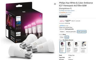 Philips Hue Kleur A60 E27 4-Pack voor €107 bij Amazon