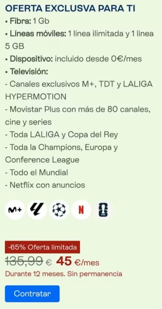 Movistar Fibra 1Gb + móvil ilimitado+ Fútbol + Netflix anuncios 45€/mes solo Digi