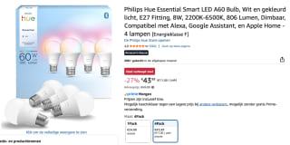 Philips Hue Essential Slimme A60 lamp, Wit en gekleurd licht, 4-pack voor €43,99