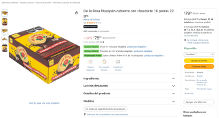 De la Rosa Mazapán cubierto con chocolate 16 piezas 22 grs por $79 en Amazon