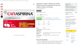 Cafiaspirina Aspirina 500 mg + Cafeína 30 mg, 40 tabletas por $41 en Amazon