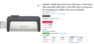 SanDisk Dual Drive | 128GB | USB C - USB Stick voor €13,19 bij Amazon
