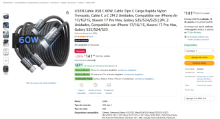 LISEN Cable USB C 60W (2m, 2 unidades) por $89 en Amazon