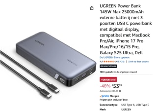 UGREEN Power Bank 145W Max 25000mAh voor €53,99 bij Amazon
