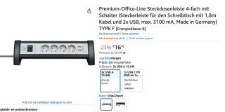 Brennenstuhl Premium Office-Line Stekkerdoos, 4-voudig voor €16,45 bij Amazon