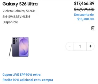 Samsung Galaxy S26 Ultra 512GB por $16,466 con Banamex