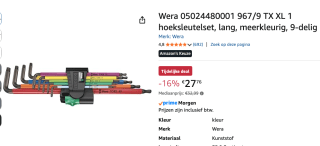 Wera Inbussleutelset 967/9 TX XL Multicolour HF 1 voor €27,76 bij Amazon
