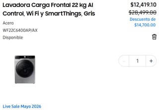 Lavadora Samsung WF6400C 22kg por $12,419 | Tienda Santander