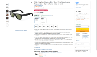 Ray-Ban Meta Wayfarer Gen1 Negro Brillante con Micas Verdes por $4,799 | Amazon
