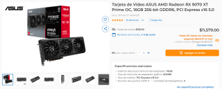 Tarjeta ASUS AMD RX 9070 XT Prime OC 16GB por $9,817 | CyberPuerta (BBVA)