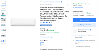Aire Acondicionado Hisense 12000 BTU por $4,529 | Mercado Libre