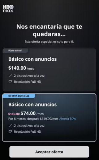 Suscripción HBO Max (plan básico) por $74 al mes por 6 meses
