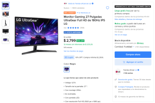 Monitor Gaming 27" LG 180Hz por $2,458 | Mercado Libre (HSBC)