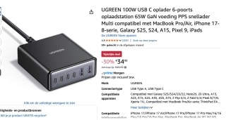 UGREEN 100W GaN Oplaadstation (6-Poorts, 65W snelladen) voor €34,98 bij Amazon