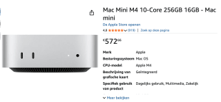 Refurbished Mac Mini M4 10-Core 256GB 16GB voor €572,66 bij Amazon