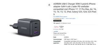 UGREEN USB C-oplader, 30 W 3-poorts GaN II voor €13,99 bij Amazon