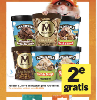 Alle Ben & Jerry's en Magnum pints 400-465 ml 1+1 gratis bij de AH