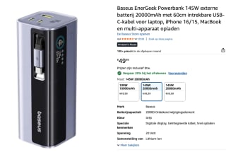 Baseus EnerGeek Powerbank 145W externe batterij 20000mAh voor €39,99 bij Amazon