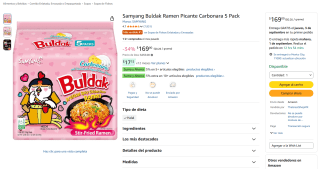 Samyang Buldak Ramen Picante Carbonara 5 Pack por $166 en Amazon