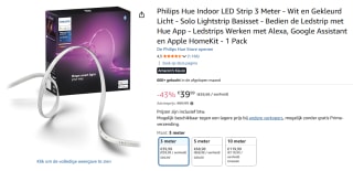 Philips Hue Indoor LED Strip 3 Meter - Wit en Gekleurd Licht voor €39,99 bij Amazon