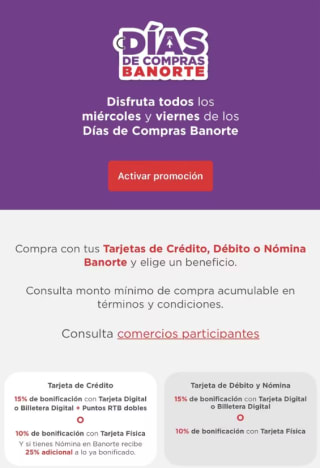 15% de Bonificación con Tarjeta Banorte en Comercios Participantes