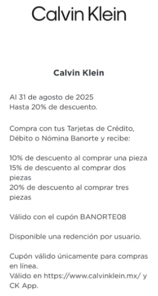 Cupón Calvin Klein: Hasta 20% de ahorro | Banorte