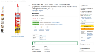 Resistol No Más Clavos Fuerte y Fácil 353g por $71 en Amazon