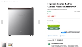 Frigobar Hisense 1.6 Pies Hisense RR16D6AGX por $1,822 | Waldo's