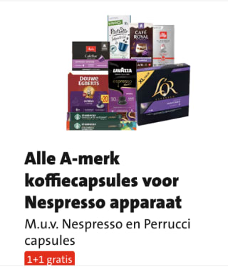 A-merk koffiecups voor Nespresso 1+1 gratis bij Jumbo