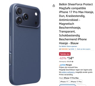 Belkin SheerForce Protect MagSafe iPhone 17 Pro Max Hoesje voor €14,99 bij Amazon