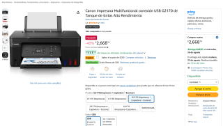 Canon Impresora Multifuncional USB G2170 por $2,469 en Amazon