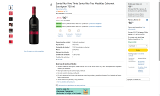 Vino Tinto Santa Rita Tres Medallas Cabernet Sauvignon 750ml por $80 | Amazon