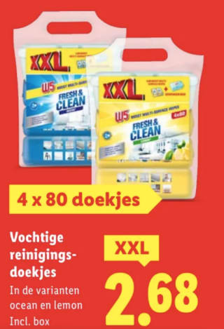 Vochtige reinigingsdoekjes 4 x 80 doekjes voor€2,68 bij de Lidl