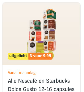 Alle Nescafé en Starbucks Dolce Gusto 12-16 capsules 3 voor €9,99 bij Albert Heijn