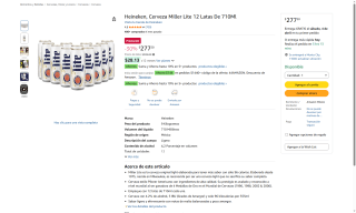 Cervezas Miller Lite 12x710ml por $277 | Amazon