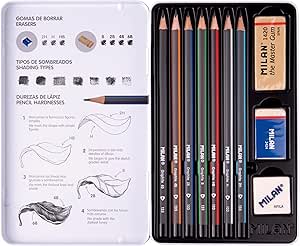 MILAN Set 7 lápices de grafito (2H,H, HB, B, 2B, 4B y 6B) con 2 gomas por 5.59€