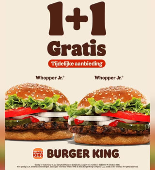 1+1 gratis op een Whopper jr. bij Burger King