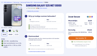 Samsung Galaxy S25 voor €315 bij Odido (onbeperkt GB + SMS +Min) met ING rentepunten