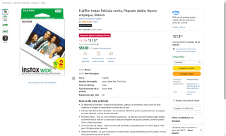 Fujifilm Instax Wide 20 Fotos Blanco por $314 | Amazon