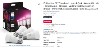 PHILIPS HUE Standaardlamp E27 800lm 4-pack voor €109,97 bij Amazon