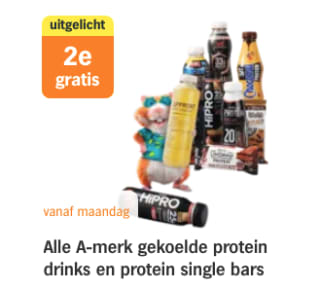 1+1 gratis op Alle A-merk gekoelde protein drinks en protein single bars bij AH