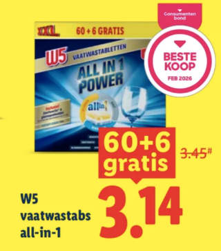 W5 vaatwastabletten XXL 60 + 6 gratis voor €3,14 met de Lidl plus app