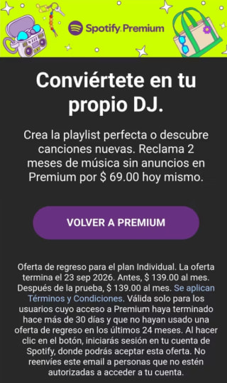 2 Meses de Spotify Premium por $69 en Spotify